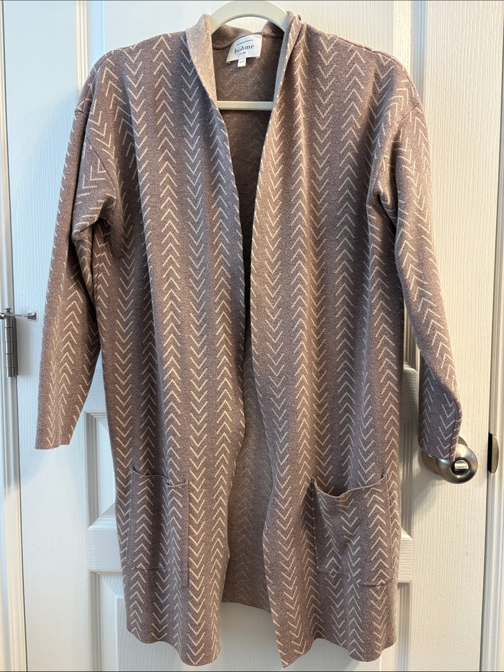bohme Mauve Taupe Open-Front Arrow Pattern Cardigan